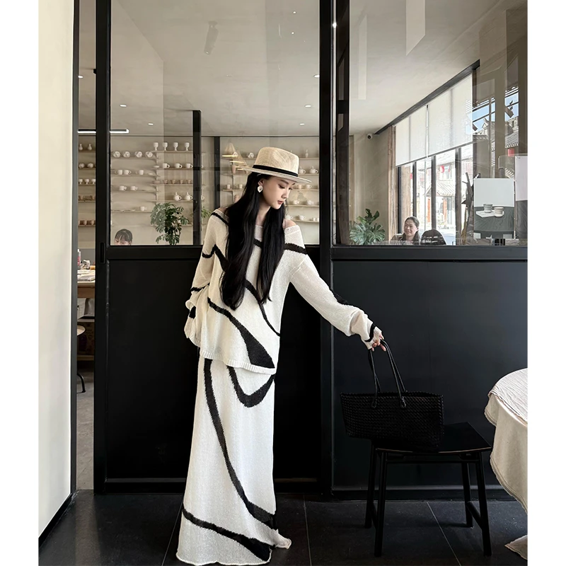 parkyeon早秋穿搭松弛感慵懒条纹罩衫上衣搭配高腰半身裙两件套