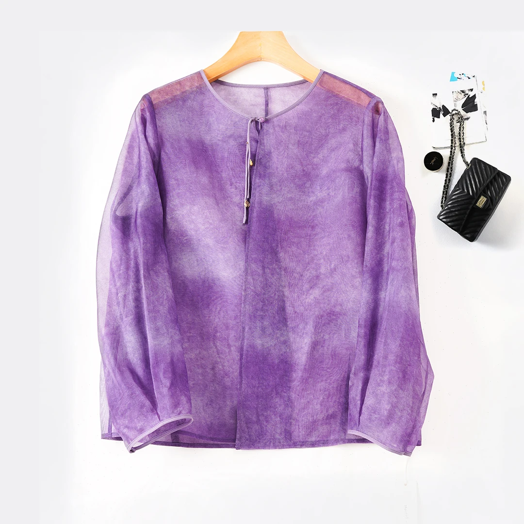 100%桑蚕丝真丝绡圆领防晒衣上衣长袖宽松夏季中式休闲时尚百搭