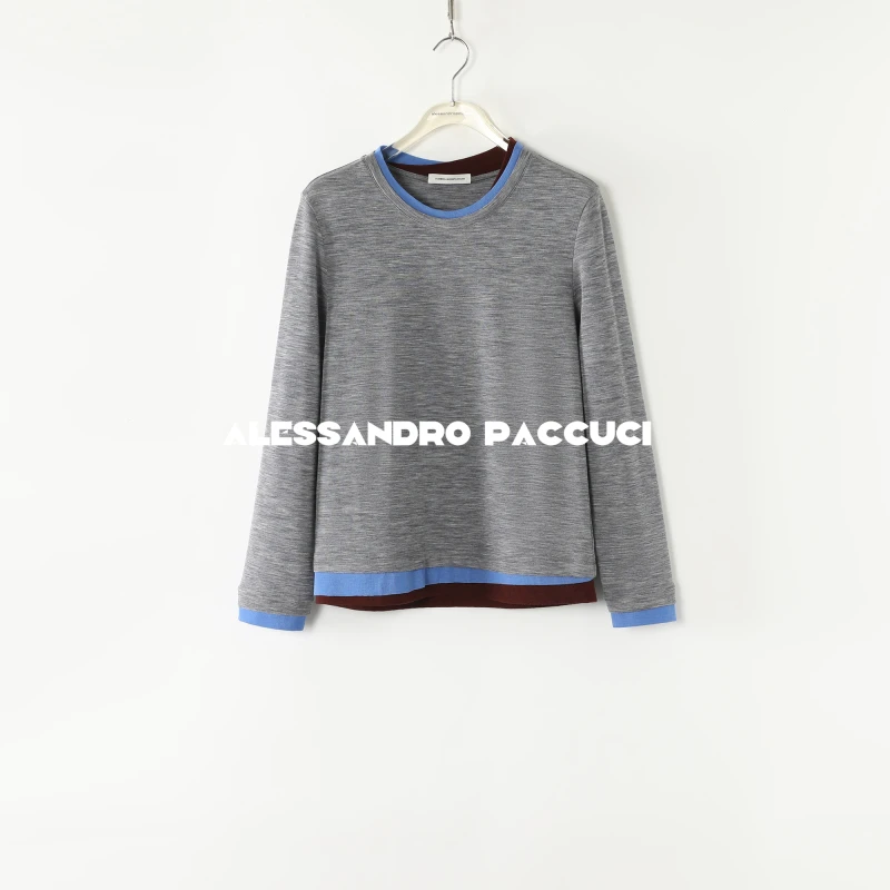 AP洛哥51027TT【玩色】100绵羊毛圆领撞色拼接时尚长袖T恤2025春