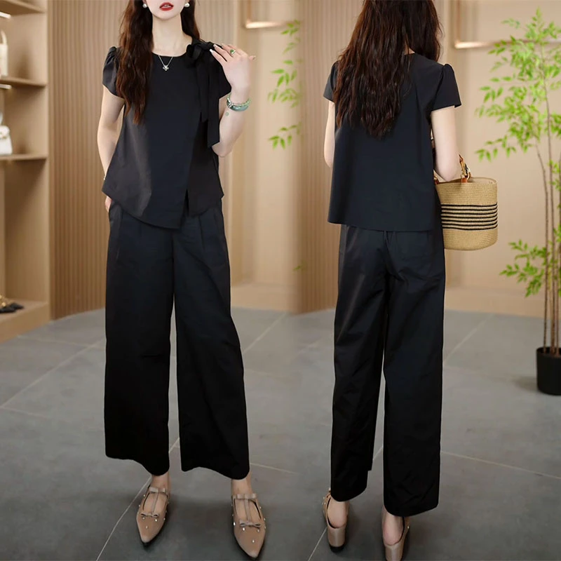2025夏季新款洋气设计感宽松显瘦短袖上衣阔腿裤子休闲两件套装女