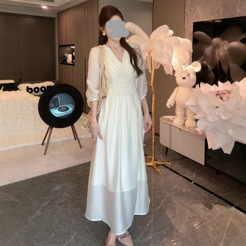 法式连衣裙气质过膝长裙v领拼接宽松温柔风麻花2025显瘦夏季女