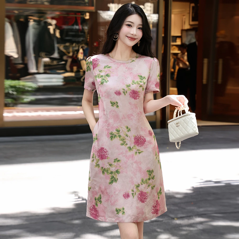 高品质仁丝香云纱民族风印花连衣裙子洋气小个子宽松休闲大码显瘦
