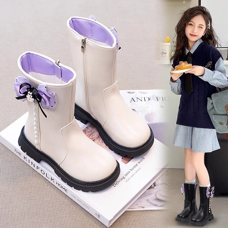 ABC女童马丁靴高筒靴库洛米公主靴软底加绒棉秋冬大童加绒马丁靴
