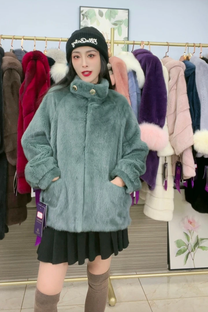 绿宝色立领年轻洋气款貂皮大衣女士皮草外套