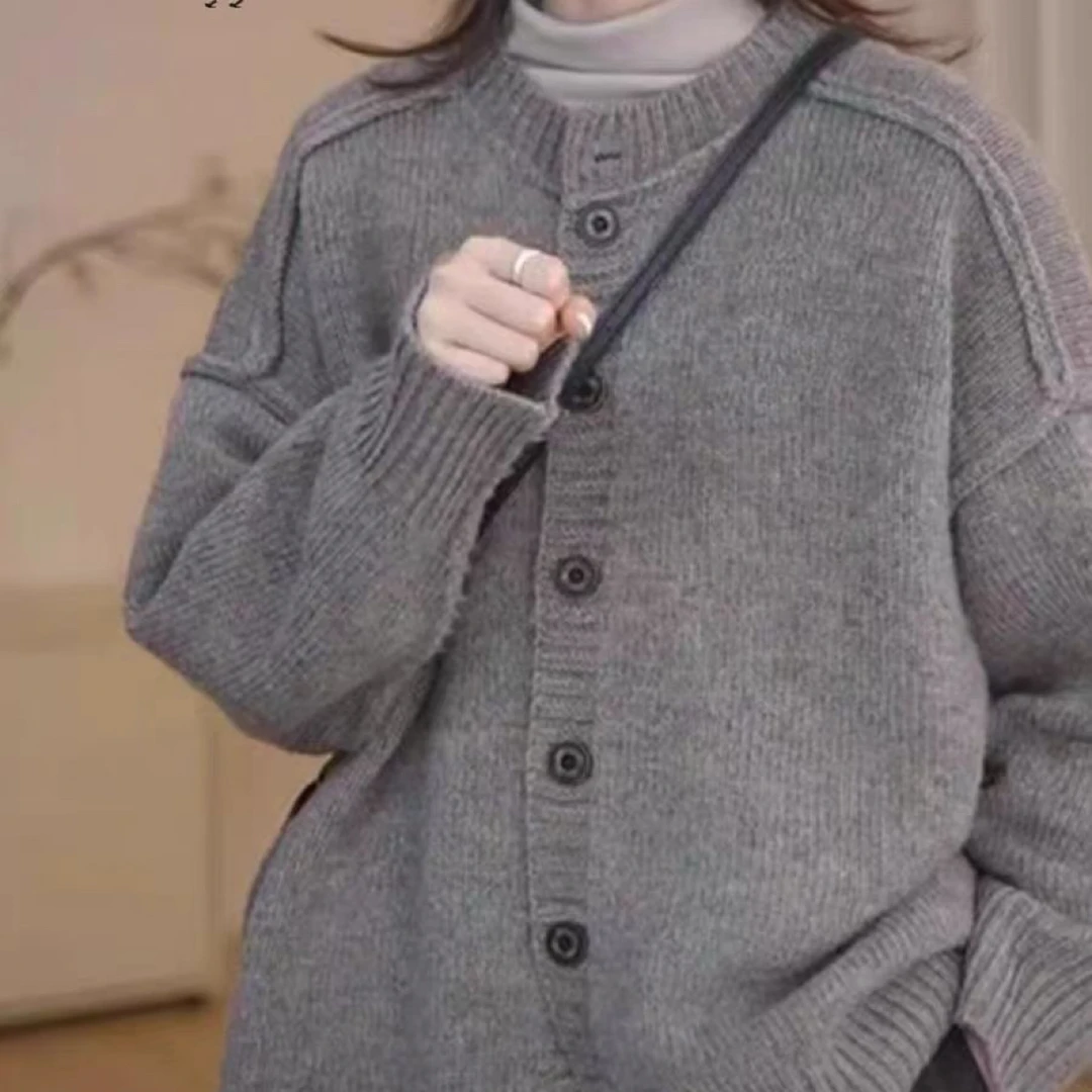 慵懒风100纯羊毛反肩大开衫针织衫女大码休闲洋气外套上衣25264