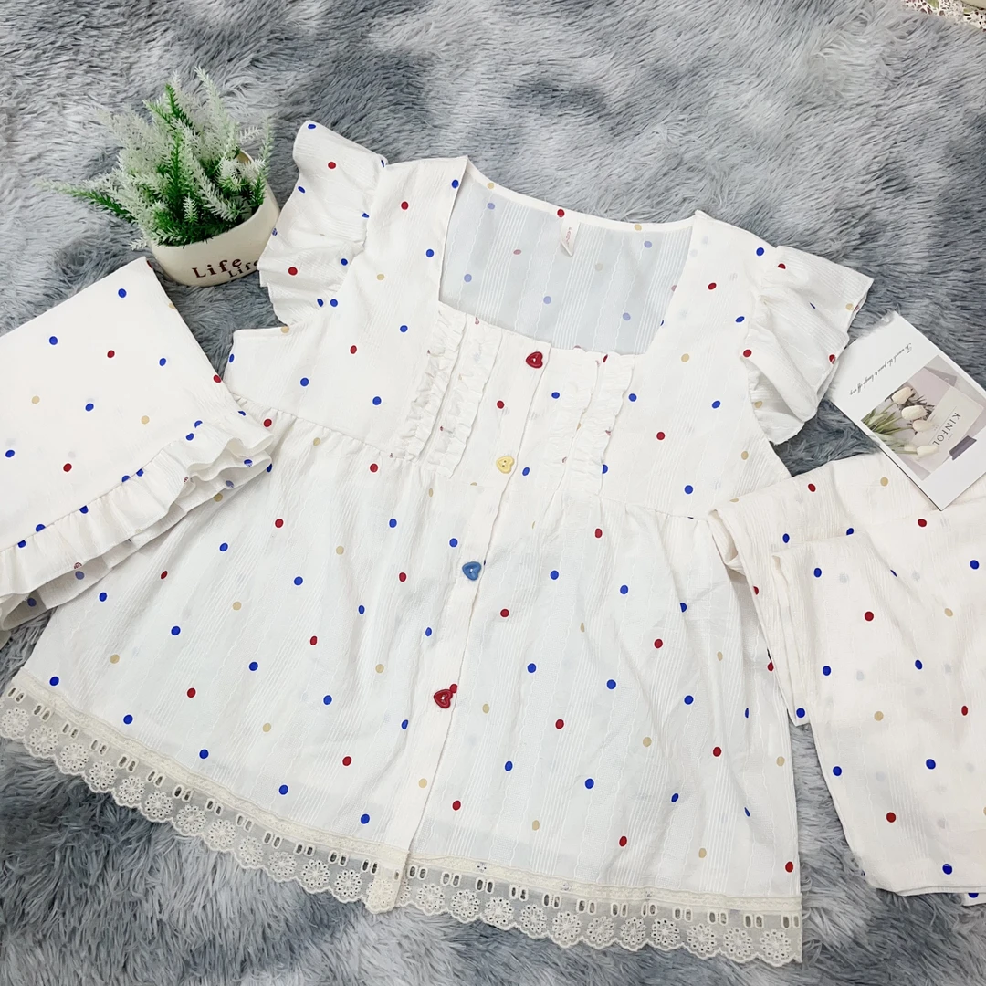 【R636】夏款彩色点点小飞袖短裤+长裤三件套+胸垫