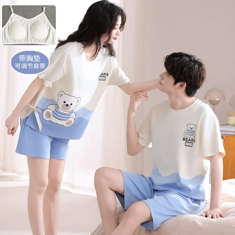高端情侣睡衣女夏季100%纯棉短袖甜美带胸垫套装男卡通全棉家居服