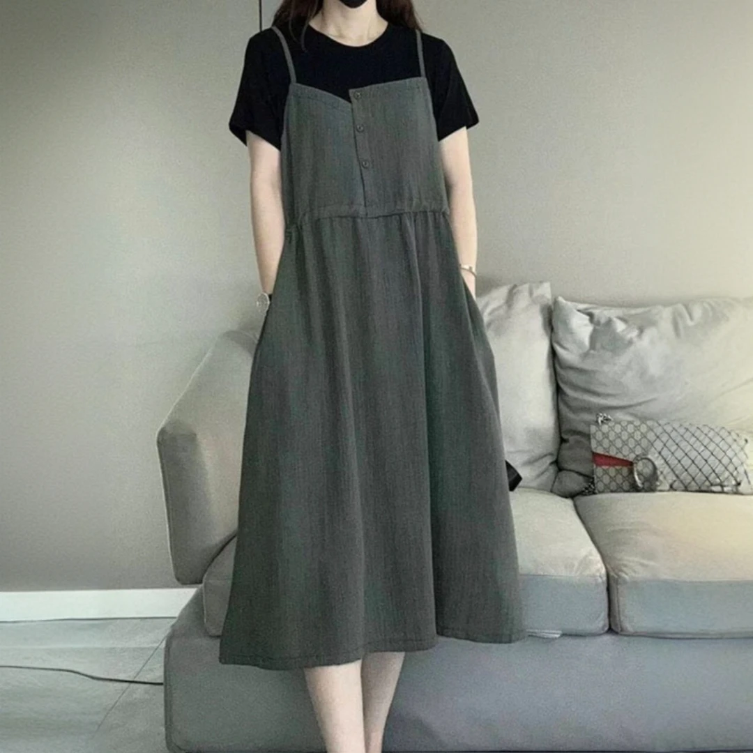 胖MM大码休闲宽松假两件拼接设计抽绳连衣裙女夏季收腰显瘦中长裙