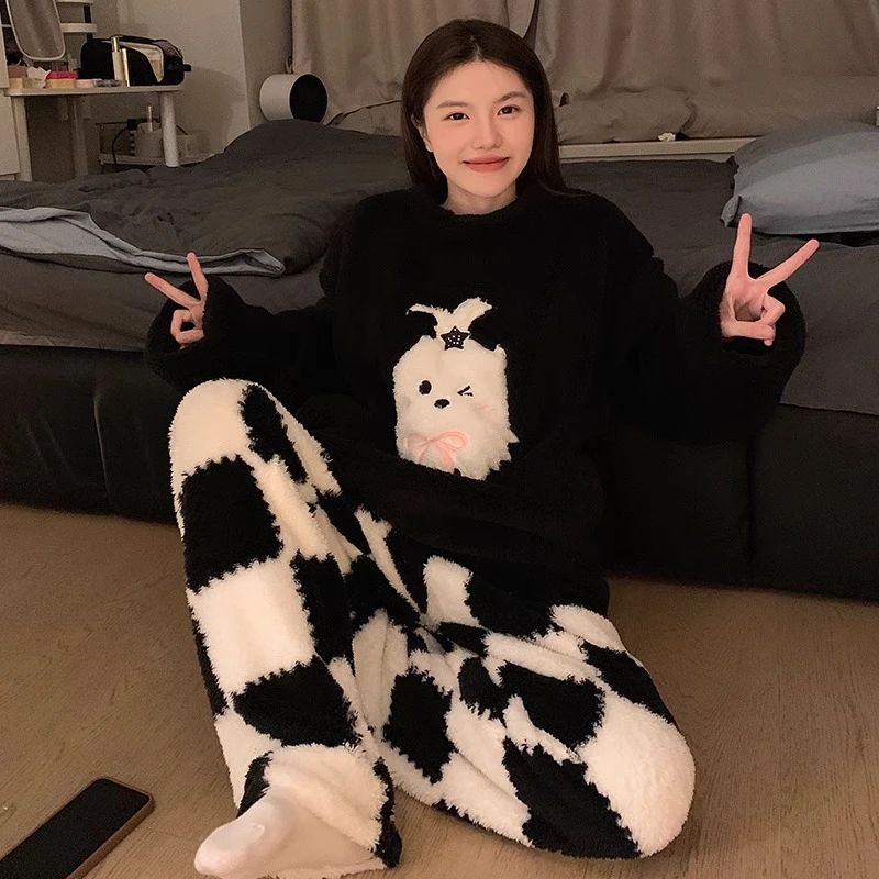 小狗珊瑚绒睡衣女款秋冬季2024新款加绒加厚套装冬天法兰绒家居服