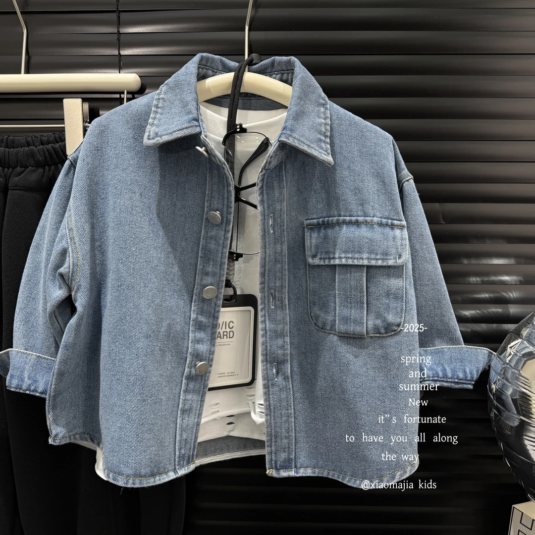 现货-儿童春季新款牛仔外套K-5075宽松洋气圆领男女同款牛仔衣