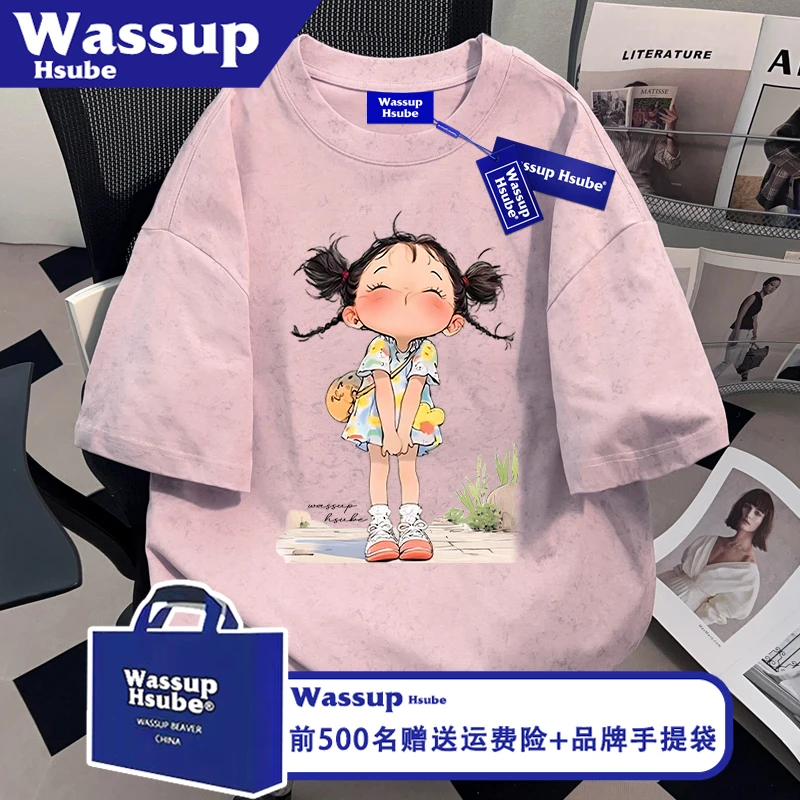WASSUP HSUBE夏小众T恤小女孩可爱印花纯棉短袖男女款蜡染上衣ins