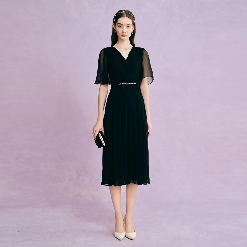 La Koradior拉珂蒂25年夏季新品气质黑色收腰显瘦连衣长裙