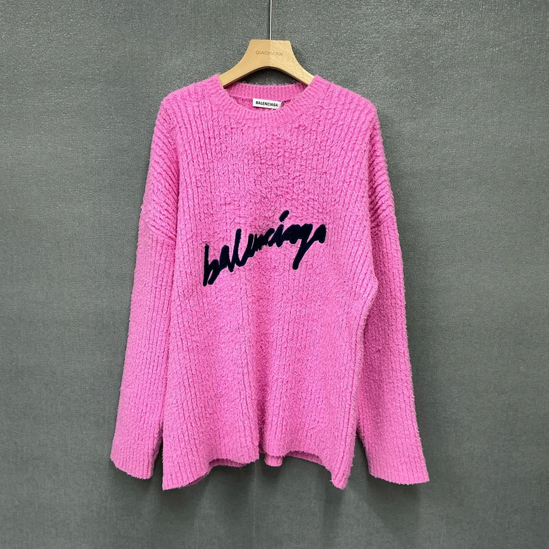 99新 Balenciaga/巴黎世家 刺绣logo粉色针织毛衣S码
