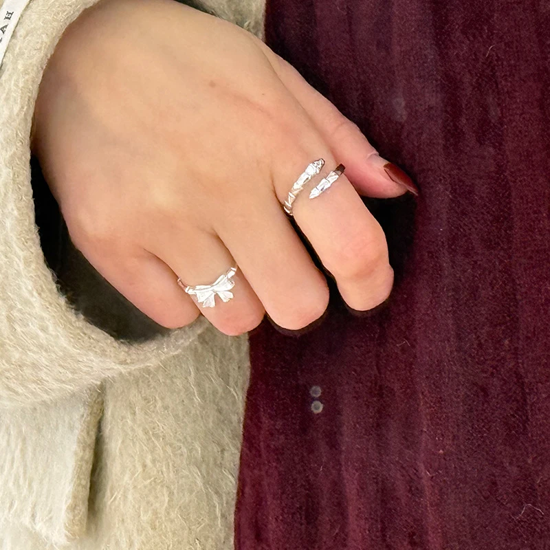 足银戒指 老凤凰纯银蝴蝶结竹节银戒女甜美气质开口可调节简约时