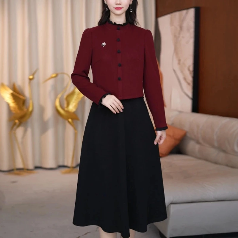 连衣裙气质长袖中式假两件修身中国风秋冬气质长袖新款法式新款