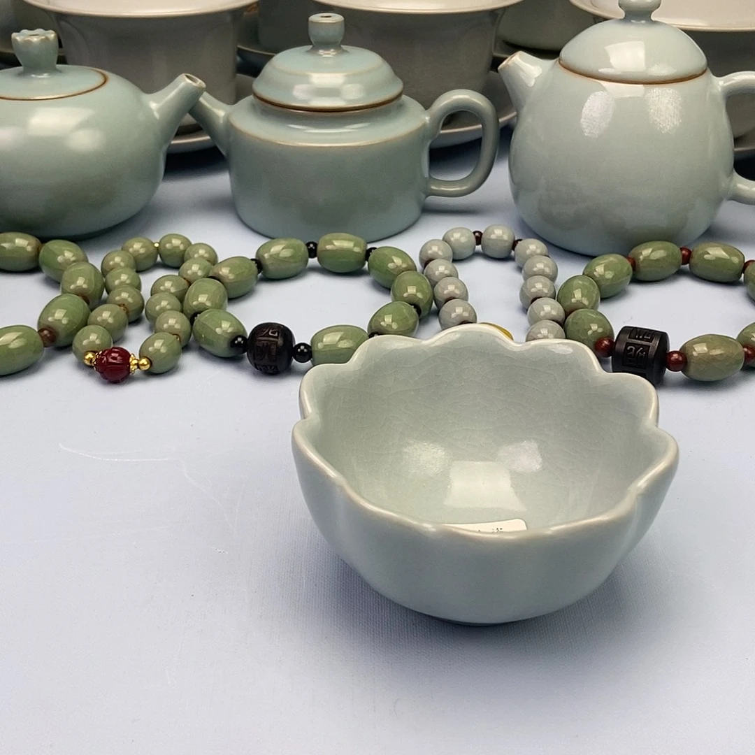 杯微瑕仿古粉青釉莲花碗杯原矿原釉原产地