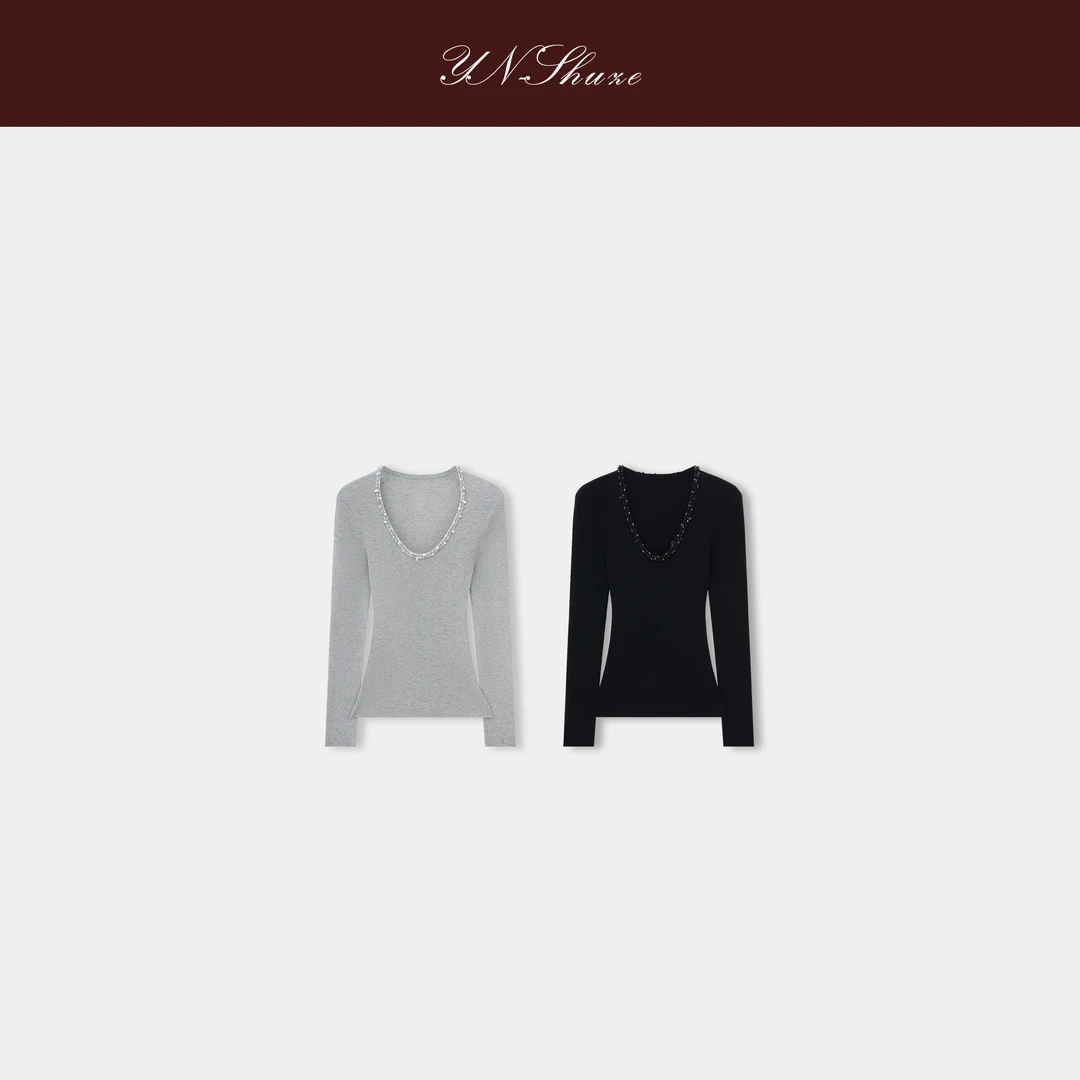 YN-SHUZE【颈畔星河】镶钻V领毛针织衫修身上衣SZ-YNB-S7903