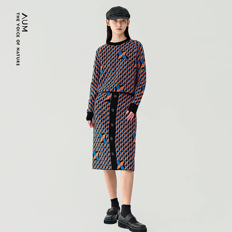 【达人专属】AUM/噢姆冬季复古印花休闲加厚格子千鸟格半身裙
