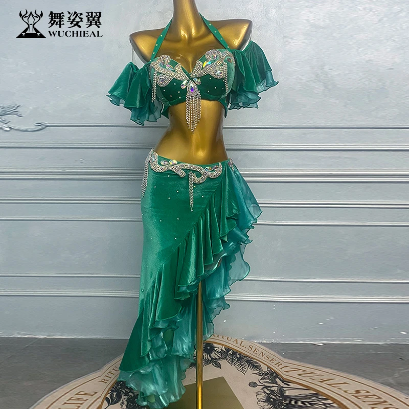 舞姿翼新款性感东方舞走秀酱红绿色肚皮舞表演服套装WZY163