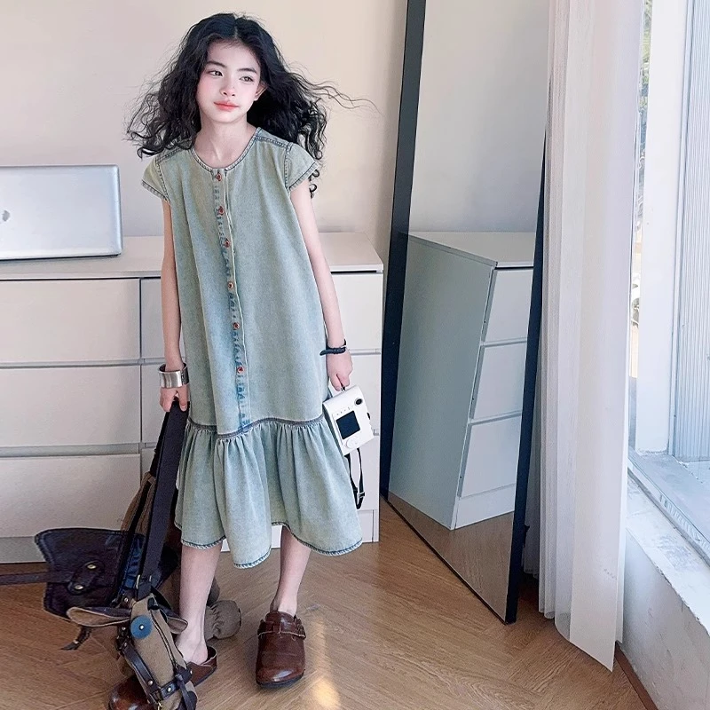 女童夏装薄款牛仔裙子2025新款女大童夏季复古色连衣裙女孩背心裙