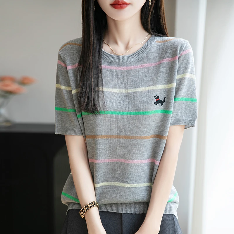品牌夏季新款针织衫T恤短袖时尚圆领刺绣休闲条纹上衣