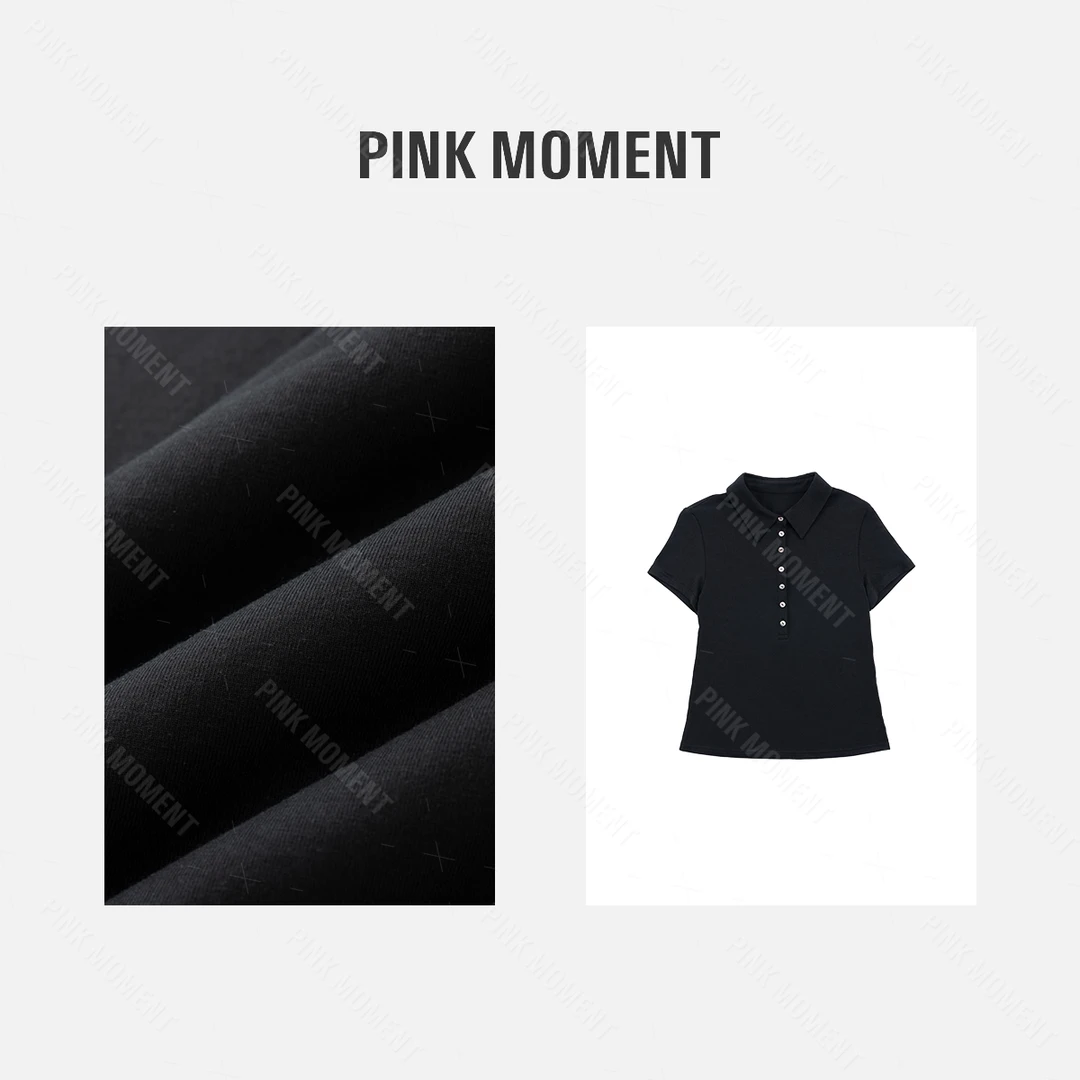 PM王囡囡 黑色半排扣Polo领短袖T恤 ND1C1385