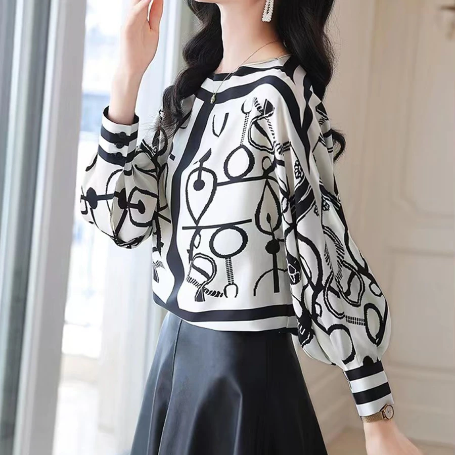 法式印花灯笼袖一字领衬衫AA2686