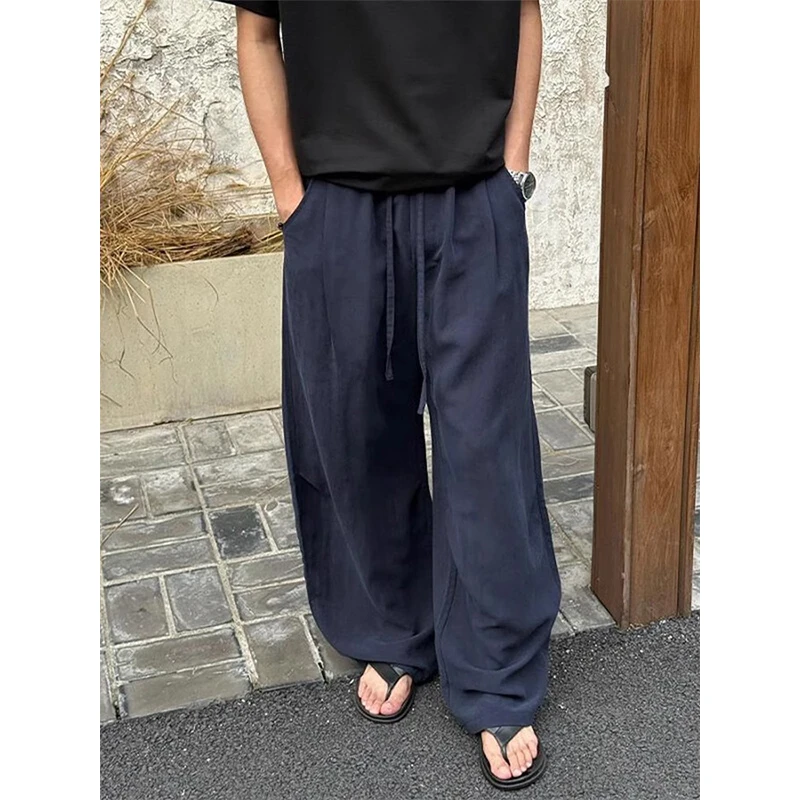 老钱风亚麻休闲裤男夏季垂坠感弯刀冰丝直筒长裤藏青色宽松阔腿裤