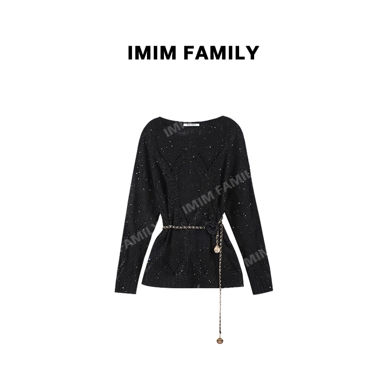 “黑夜玫瑰”圆领镂空早秋韩系流光风显瘦百搭毛针织罩衫