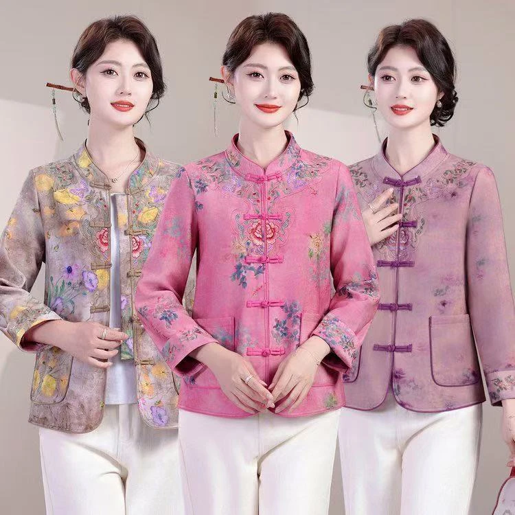 中年妈妈秋季新中式加绒保暖外套新款中老年女秋装复古盘扣上衣服