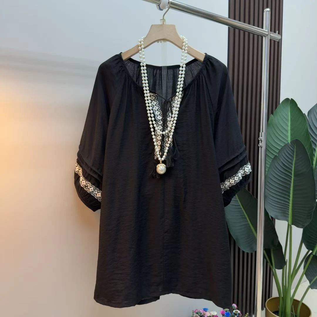 胖mm时尚气质显瘦遮肉减龄百搭8895宽松拼接清凉轻奢法式半袖