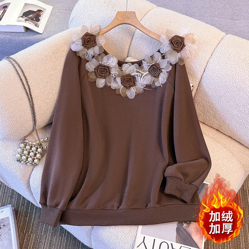 时尚宽松加绒加厚秋冬洋气百搭显瘦减龄保暖卫衣上衣大码女装胖mm