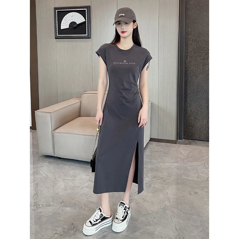 显瘦气质休闲连衣裙女2025新款夏季高级感修身褶皱短袖t恤裙长裙