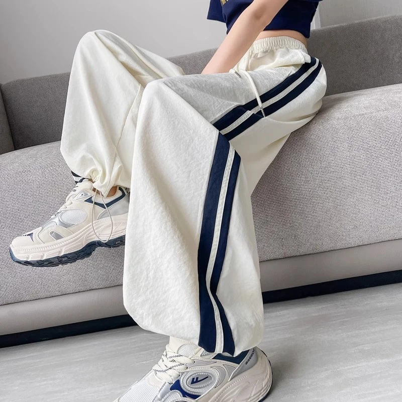 大码运动裤女款条纹拼接夏季薄款阔腿裤高腰显瘦工装裤卫裤休闲裤