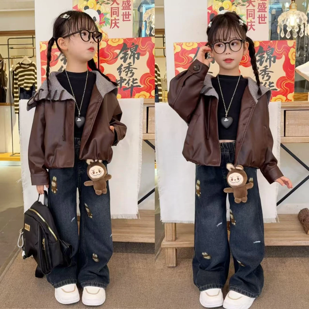 女童秋装皮衣外套2025新款洋气时髦儿童中大童春秋款韩版皮衣套装