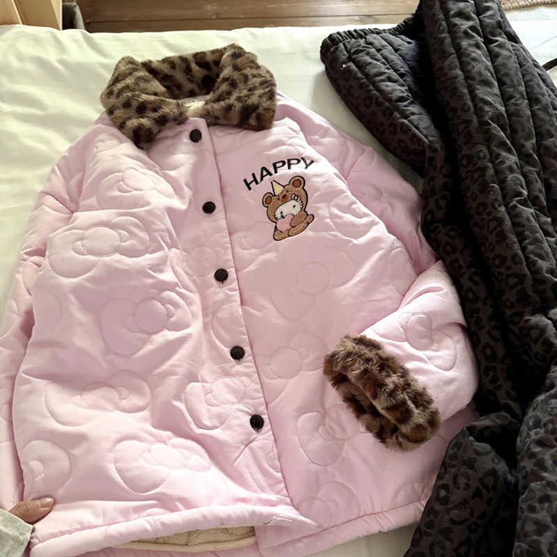 侘町2025新款三层夹棉粉色豹纹Kitty绒冬季睡衣女保暖加厚家居服