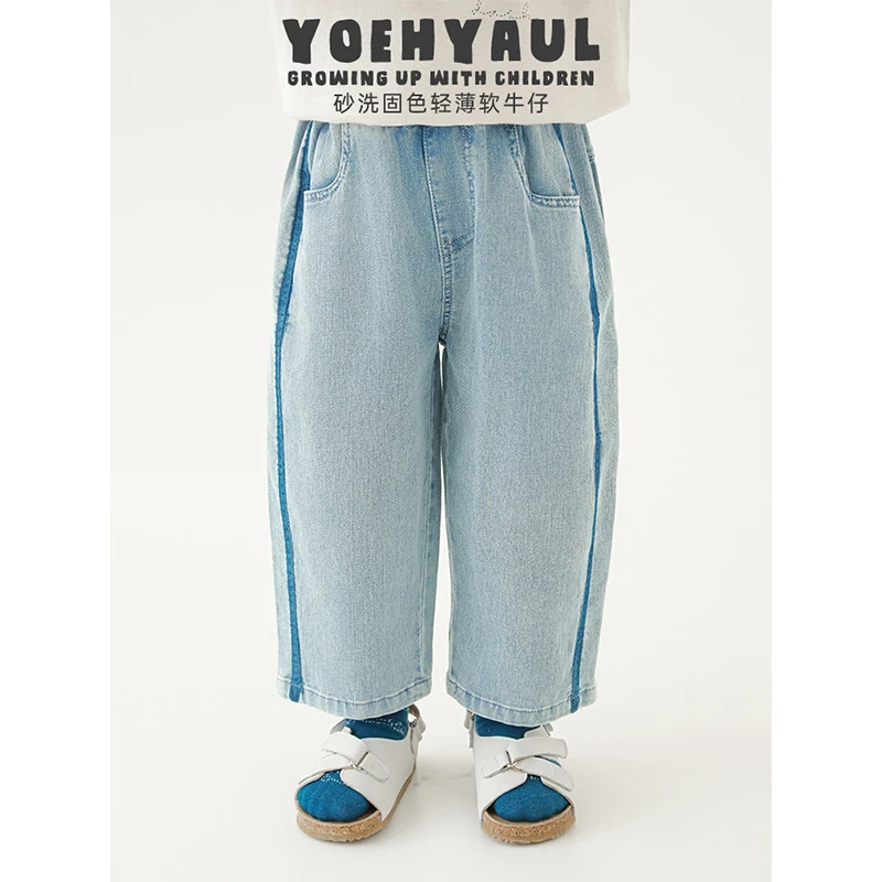 YOEHYAUL/幼悠夏伍波下【畅动不闷热】撞色线条砂洗直筒牛仔裤N6314