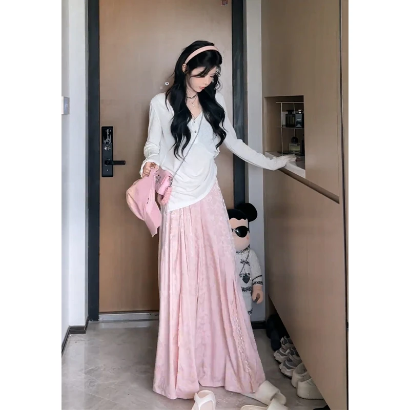 2025夏季新款法式气质宽松V领薄款上衣百搭高腰显瘦提花阔腿长裤