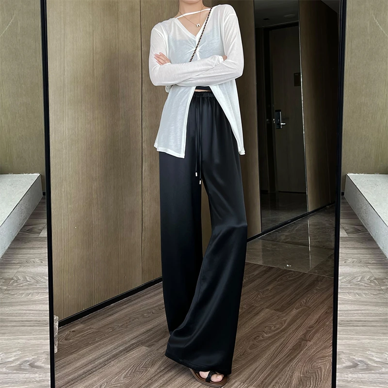 （醋酸阔腿裤女）夏季新款高腰垂坠感宽松休闲显瘦冰感薄款直筒长裤