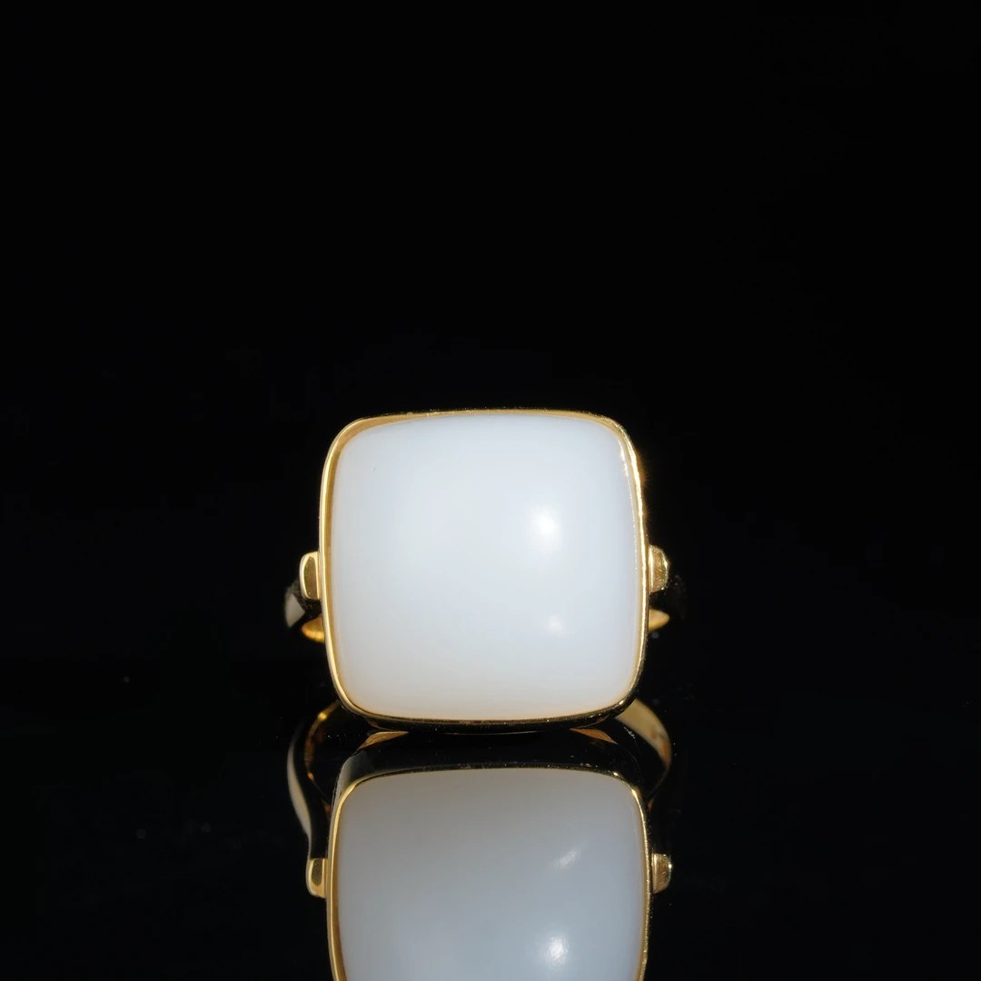 【鹿鸣】块然 | 18k金和田玉白玉方形戒指15*15*8mm Y170