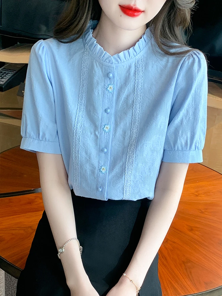 【运补6-8】 100%棉新款木耳边立领纯棉衬衫女长袖打底衫刺绣上衣