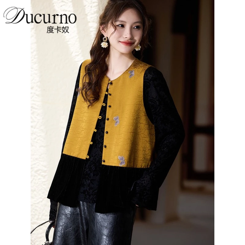 气质提花刺绣马甲女2025年复古大码宽松上衣秋季新款新中式外套潮