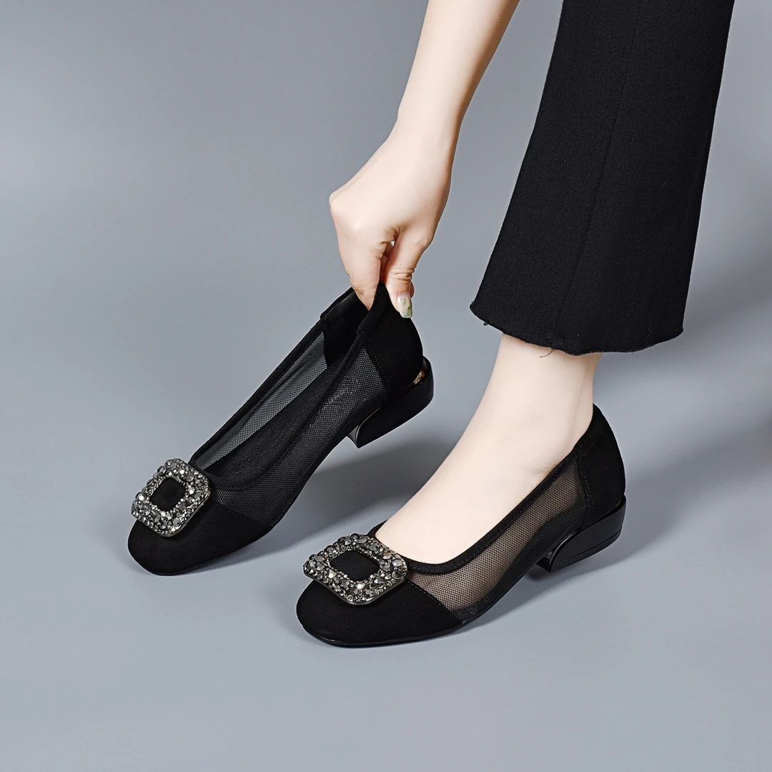 2025新款真皮方扣网纱单鞋女夏季皮鞋粗跟方头软底凉鞋透气豆豆鞋