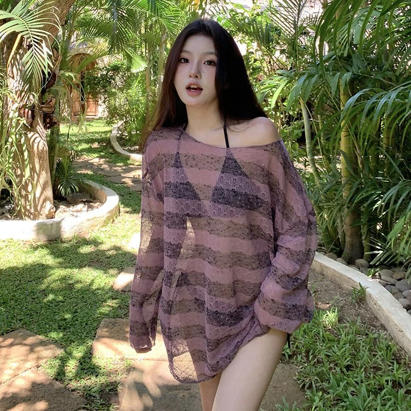 罩衫防晒【小野莓】度假慵懒风条纹罩衫遮肚分体泳衣比基尼三件套女