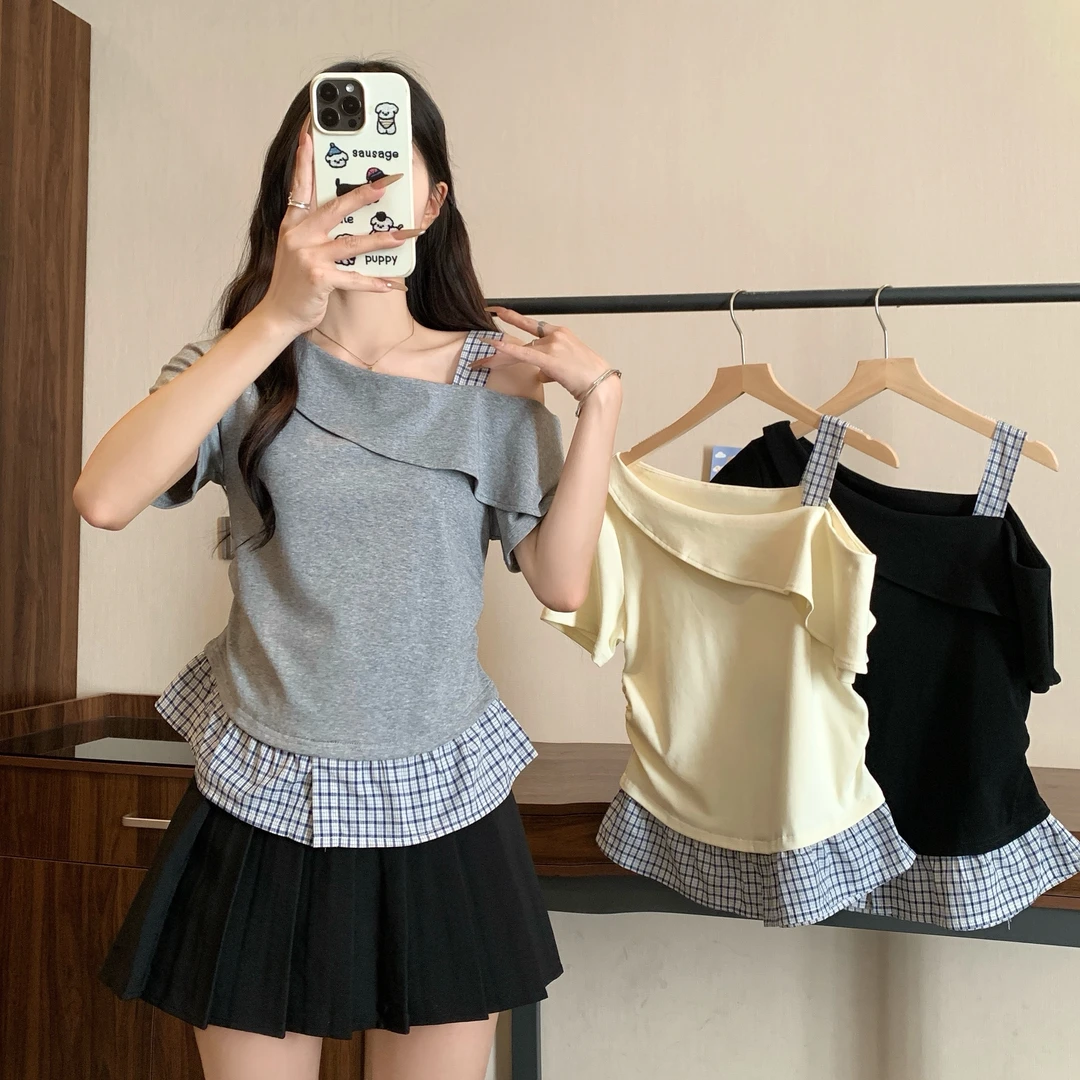 大码休闲短袖T恤2025新款夏季设计感肩带胖MM宽松显瘦上衣-7185