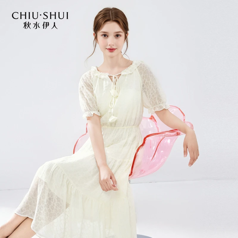 秋水伊人温柔风木耳边系带连衣裙夏季新款超仙气飘逸中长裙