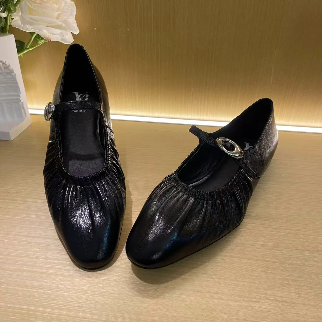 933【黑色】复古洋气百搭时尚小圆头低跟手工鞋G【1cm】