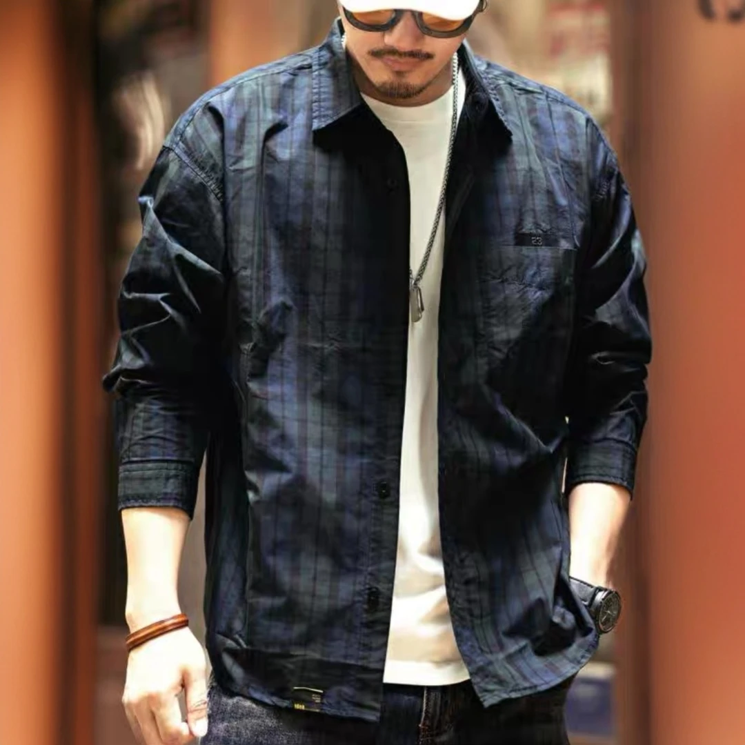 2025早春新品格子衬衫男长袖春秋季新款复古日系翻领高级感宽松衬