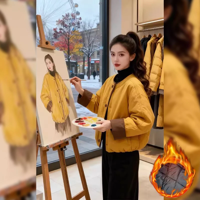 2025秋冬季新款巨好看女士时尚拼色短款保暖棉服休闲通勤加厚外套