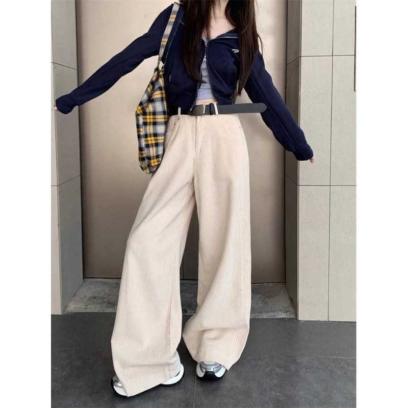 韩版灯芯绒高腰休闲裤女款大码显瘦秋季新款垂感松弛感阔腿裤子